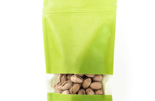 green stand up pouch with transparent middle.