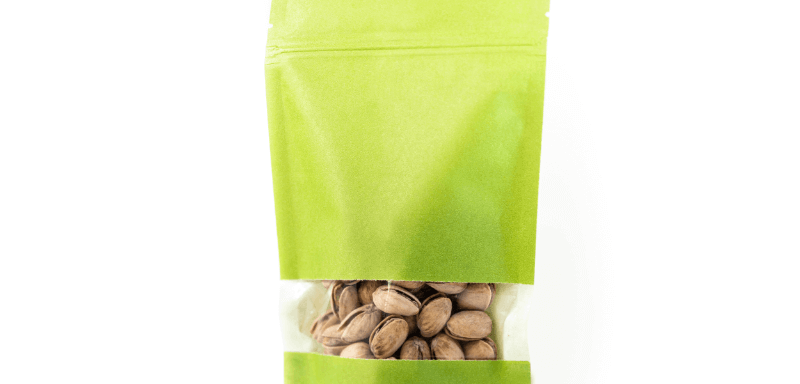 green stand up pouch with transparent middle.