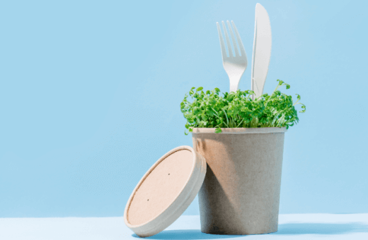 compostable packaging with cress growing out of it.