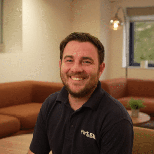 A smiling brunette man with a beard wearing a navy 'Tyler Innovative Packaging' polo shirt sits indoors, with two sofas behind him, an overhead lamp above them, and a window showing trees outside.