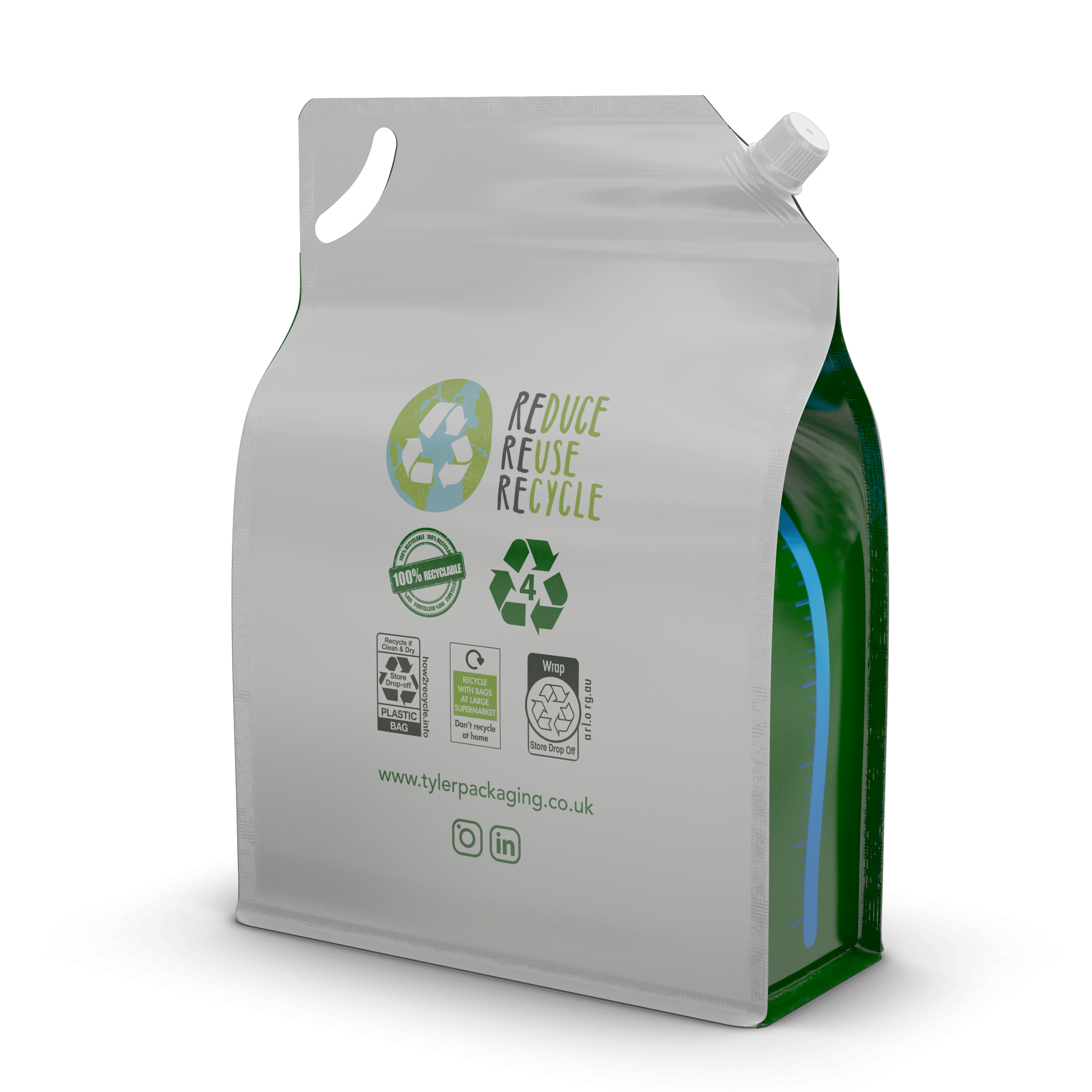 A white spout bottle with green sides on a white background, featuring recycling symbols and the text ‘reduce, reuse, recycle’ in grey and green, with green outlined Instagram and LinkedIn logos at the bottom.