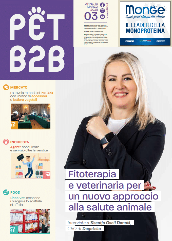 Italian magazine cover titled "Pet B2B." Woman smiling confidently on the right. Different topics listed on the side with images underneath.