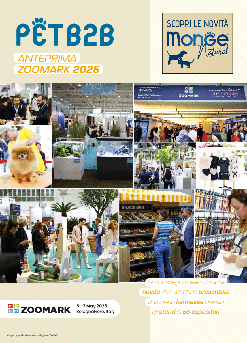 Propotional poster for a pet convention. Images of dogs, pet food, pet accessories and people at the convention. The "PetB2B" and "Monge" logoa are in blue at the top against a beige background. There is more text and the "Zoomark" logo at the bottom, also against a beige background.