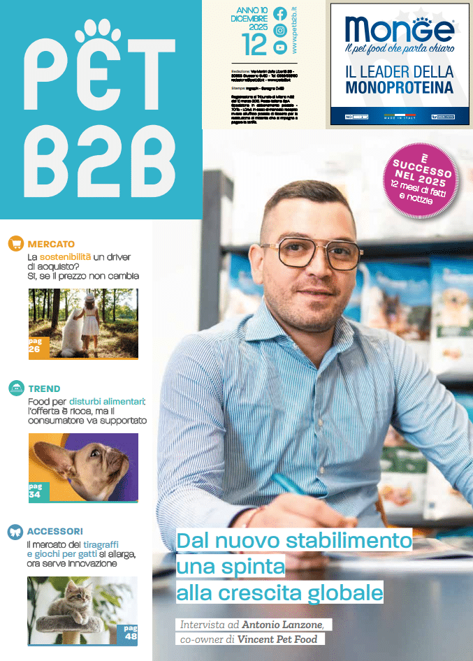 Italian magazine cover titled "Pet B2B." Man with glasses sitting at a desk on the right. Different topics listed on the side with images underneath.
