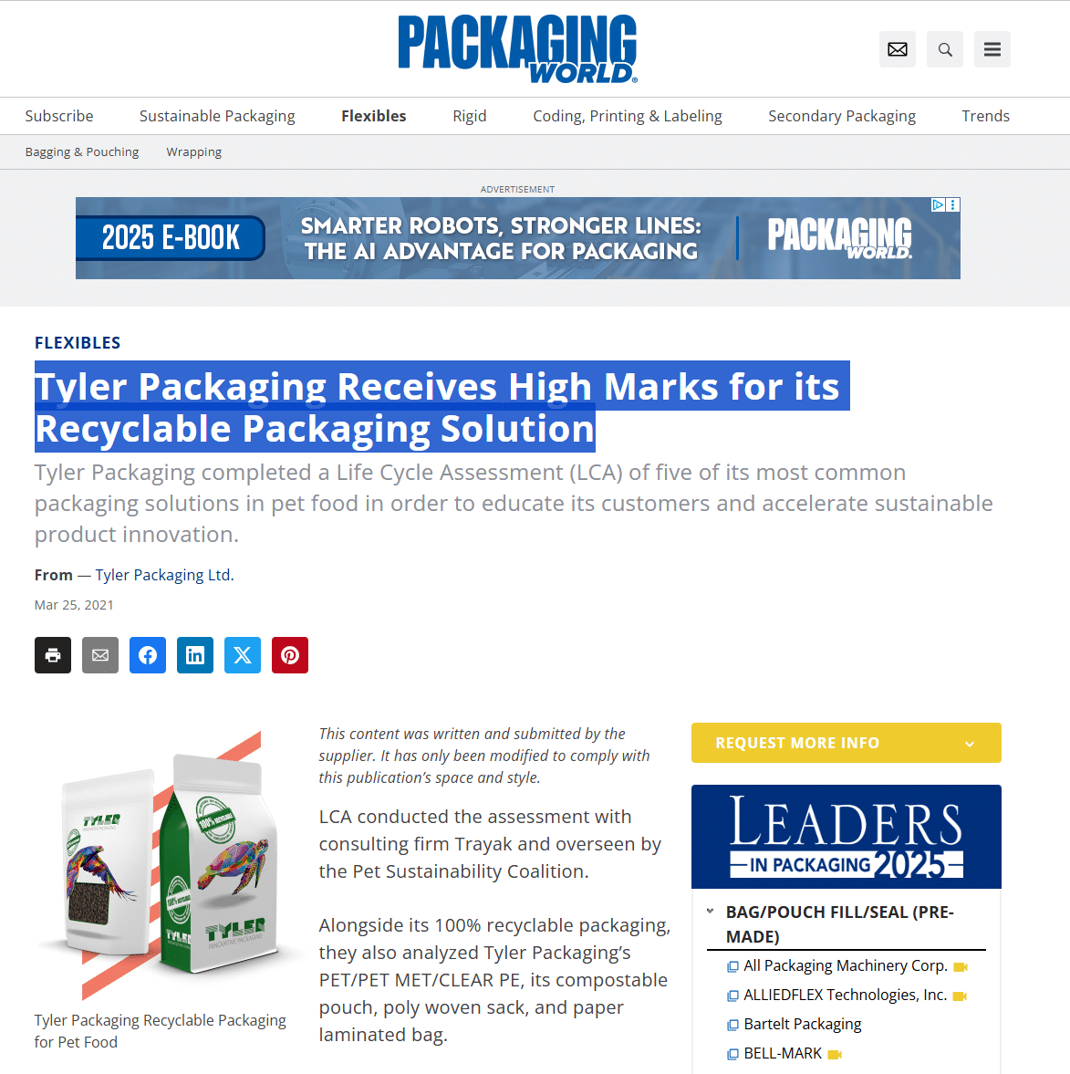 Packaging World' webpage with the title in blue, showing standard navigation menus, dropdowns, and advertisements. The featured article is titled 'Tyler Packaging Receives High Marks for its Recyclable Packaging Solution', with a brief description and an image of pet food packaging.